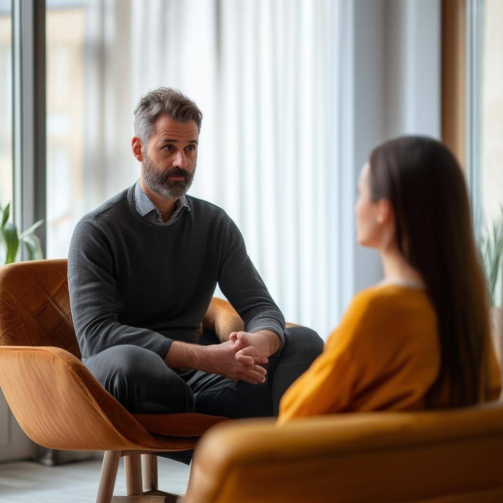 Male therapist in his thirties listening attentively to his client a female, sat on a comfortable chair, paying very close attention to what the clien