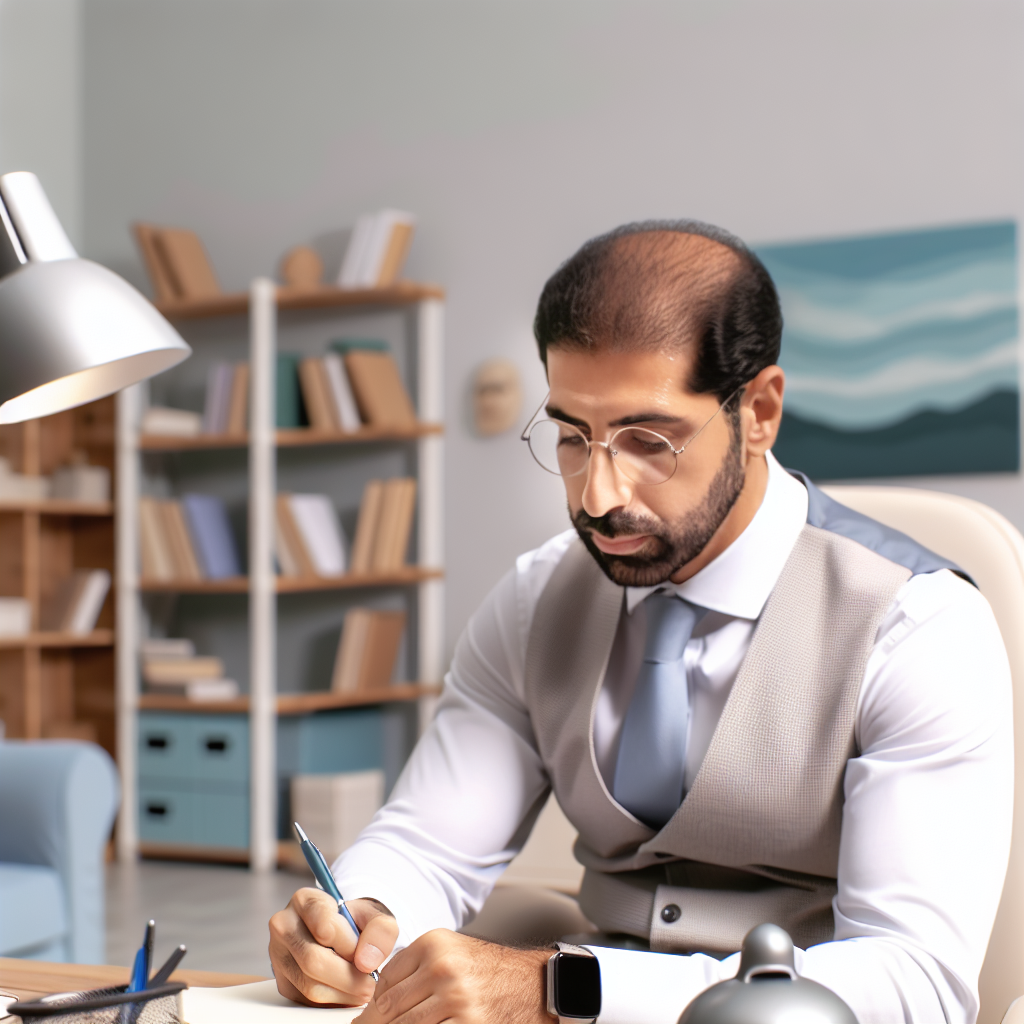 Un psycho-thérapeute assis à son bureau, prenant d